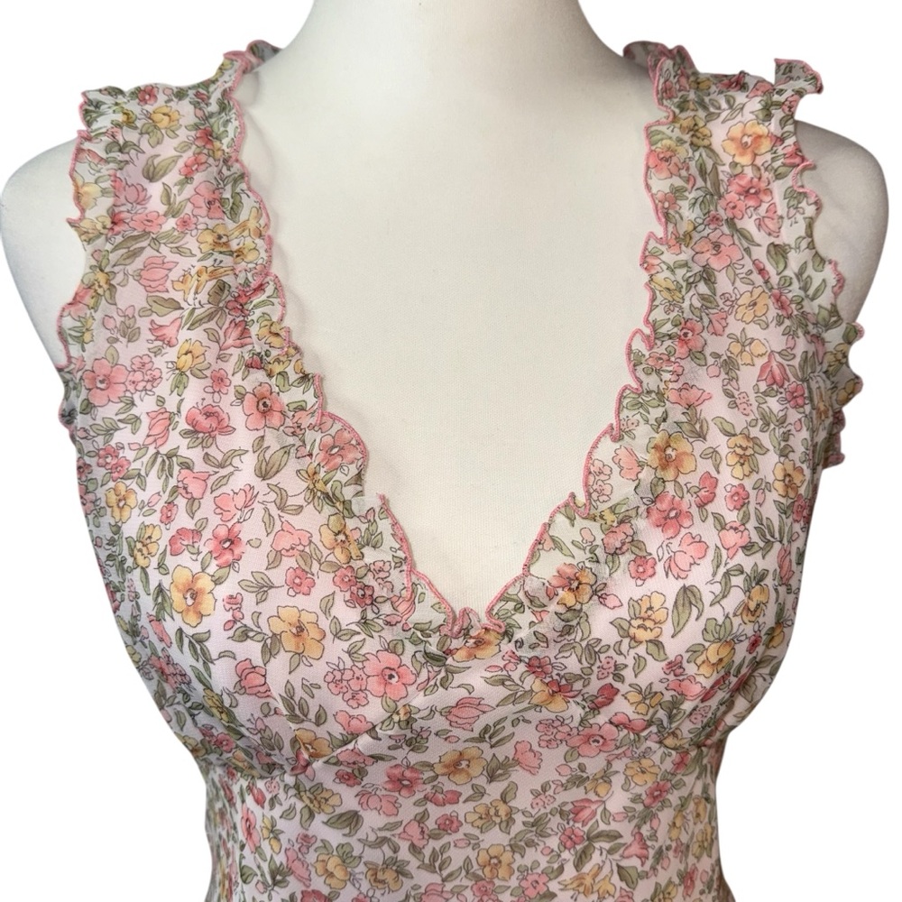 City Triangles Pink Floral Ruffle V-Neck Mesh Mini Dress Y2K Small/Medium - Picture 2 of 10